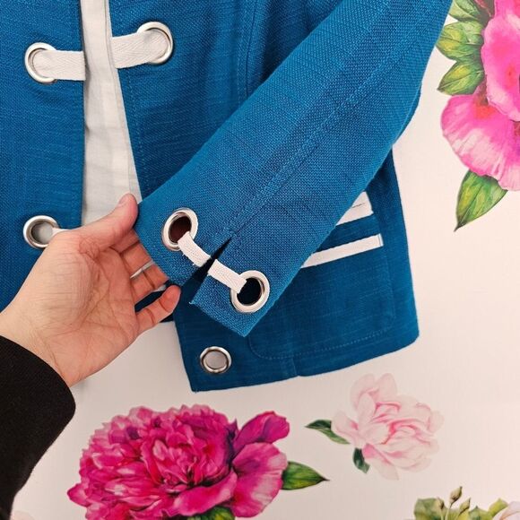 Blue White Nautical Cotton Linen Resort Blazer Suit Jacket Sailor Beachy Boating - Picture 11 of 12